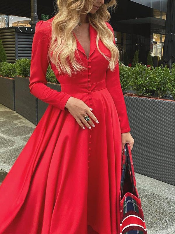 Women's Dresses Solid Lapel Button Long Sleeve Dress - LuckyFash™