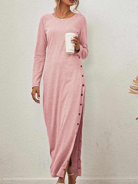 Women's Dresses Solid Long Sleeve Split Button Casual Dress - LuckyFash™