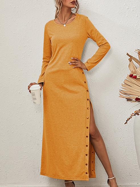 Women's Dresses Solid Long Sleeve Split Button Casual Dress - LuckyFash™