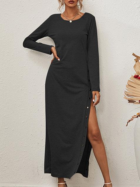 Women's Dresses Solid Long Sleeve Split Button Casual Dress - LuckyFash™