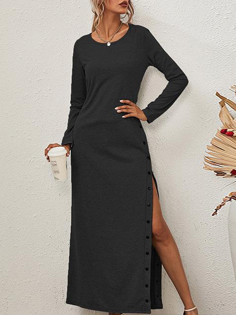 Women's Dresses Solid Long Sleeve Split Button Casual Dress - LuckyFash™