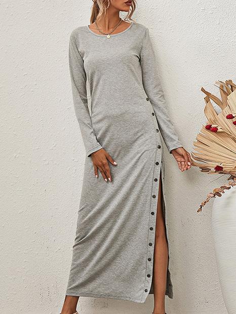 Women's Dresses Solid Long Sleeve Split Button Casual Dress - LuckyFash™