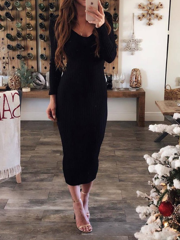 Women's Dresses Solid Round Neck Long Sleeve Slim Fit Dress - LuckyFash™