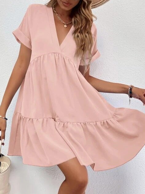 Dresses Solid V-Neck Short Sleeve Mini Dress - LuckyFash™