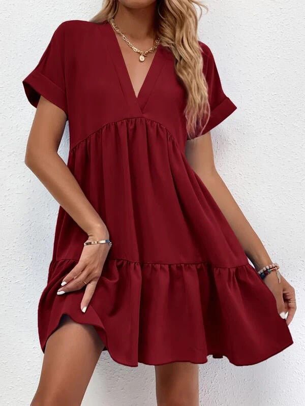 Dresses Solid V-Neck Short Sleeve Mini Dress - LuckyFash™
