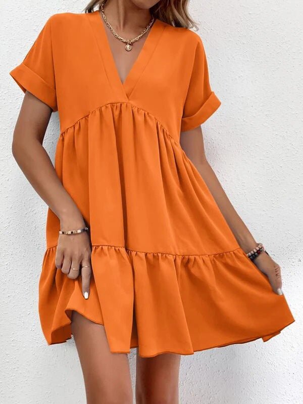 Dresses Solid V-Neck Short Sleeve Mini Dress - LuckyFash™