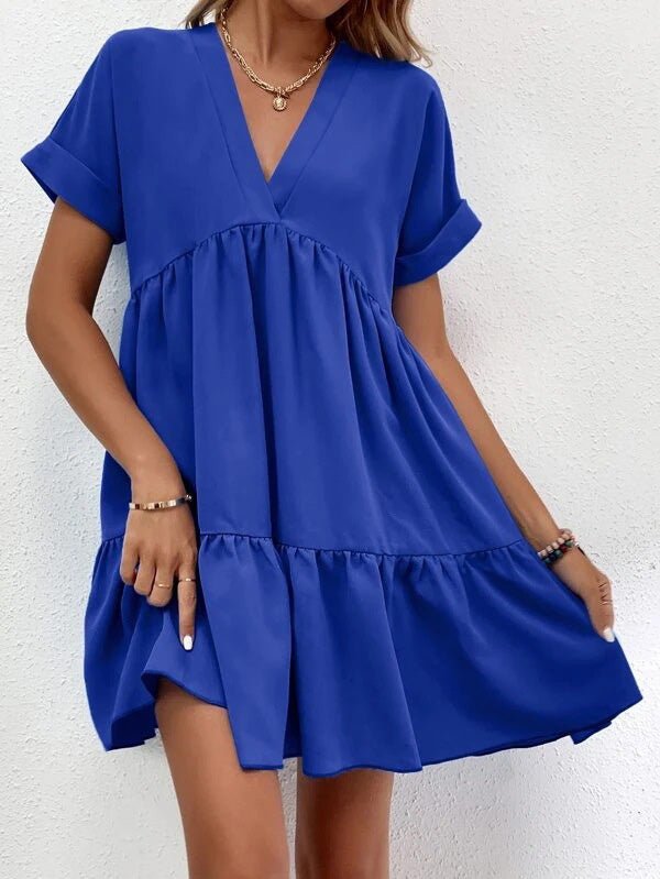 Dresses Solid V-Neck Short Sleeve Mini Dress - LuckyFash™