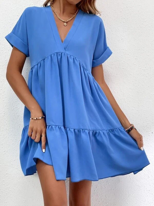 Dresses Solid V-Neck Short Sleeve Mini Dress - LuckyFash™
