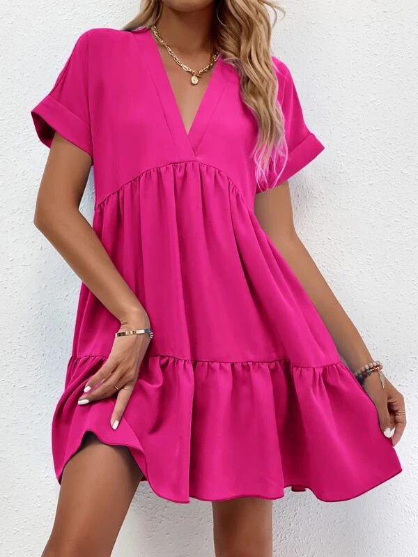 Dresses Solid V-Neck Short Sleeve Mini Dress - LuckyFash™