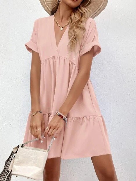 Dresses Solid V-Neck Short Sleeve Mini Dress - LuckyFash™