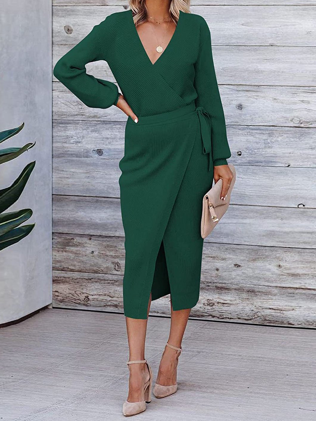 Dresses Solid V-Neck Tie Long Sleeve Knit Dress - LuckyFash™