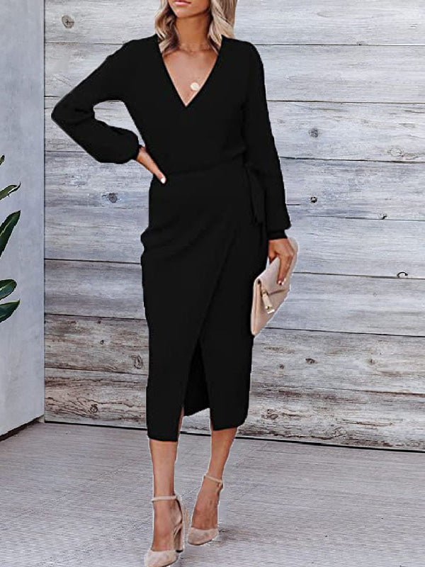 Dresses Solid V-Neck Tie Long Sleeve Knit Dress - LuckyFash™