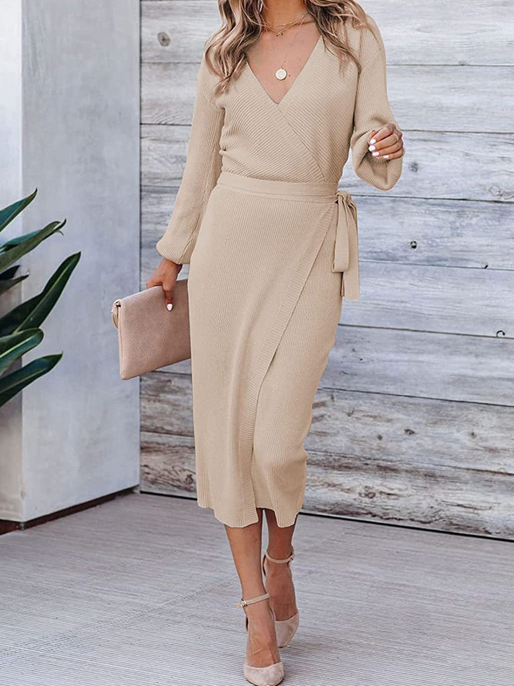 Dresses Solid V-Neck Tie Long Sleeve Knit Dress - LuckyFash™