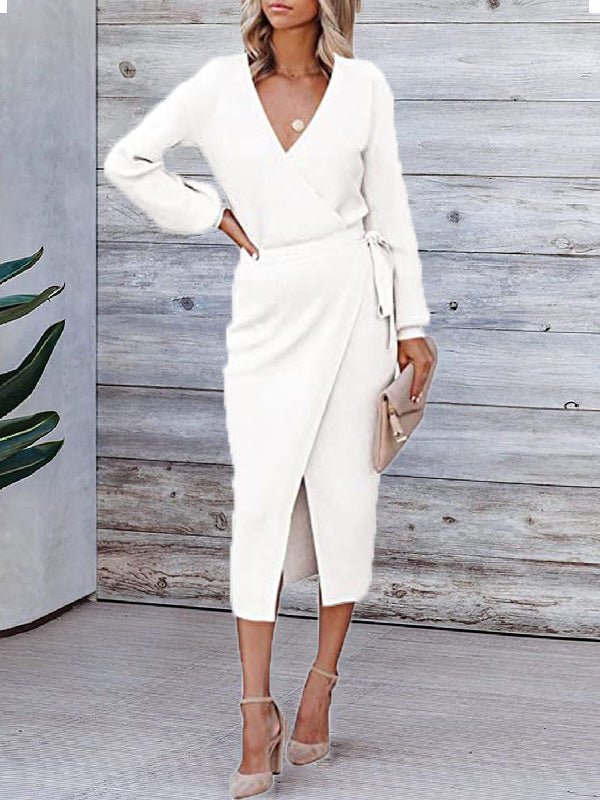 Dresses Solid V-Neck Tie Long Sleeve Knit Dress - LuckyFash™