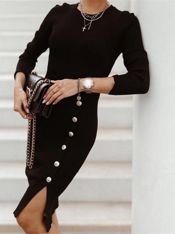 Women's Dresses Split Button Knit Long Sleeve Tight Dress - LuckyFash™