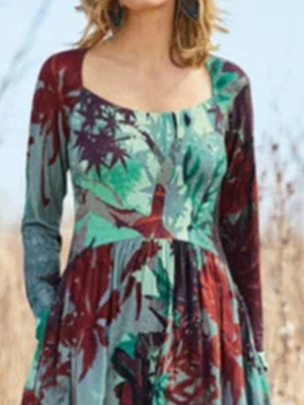Women's Dresses Square Neck Long Sleeve Print Dress - LuckyFash™