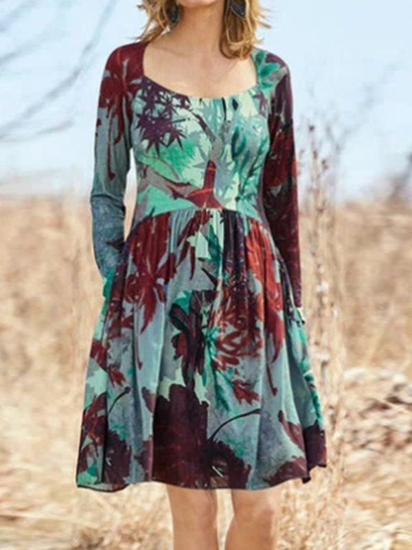 Women's Dresses Square Neck Long Sleeve Print Dress - LuckyFash™