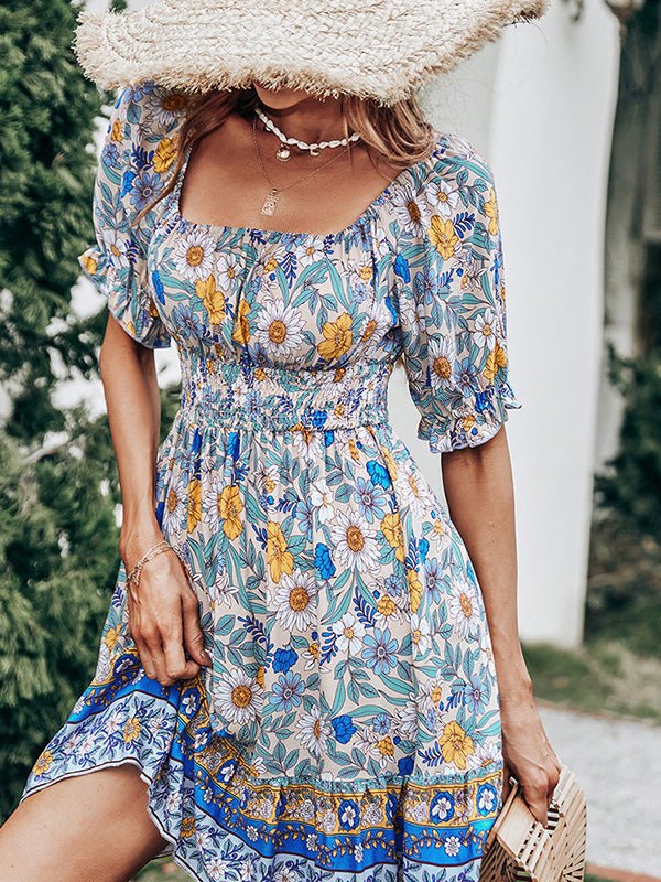 Dresses Square Neck Printed Backless Short Sleeve Dress - LuckyFash™