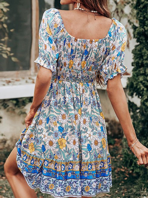 Dresses Square Neck Printed Backless Short Sleeve Dress - LuckyFash™