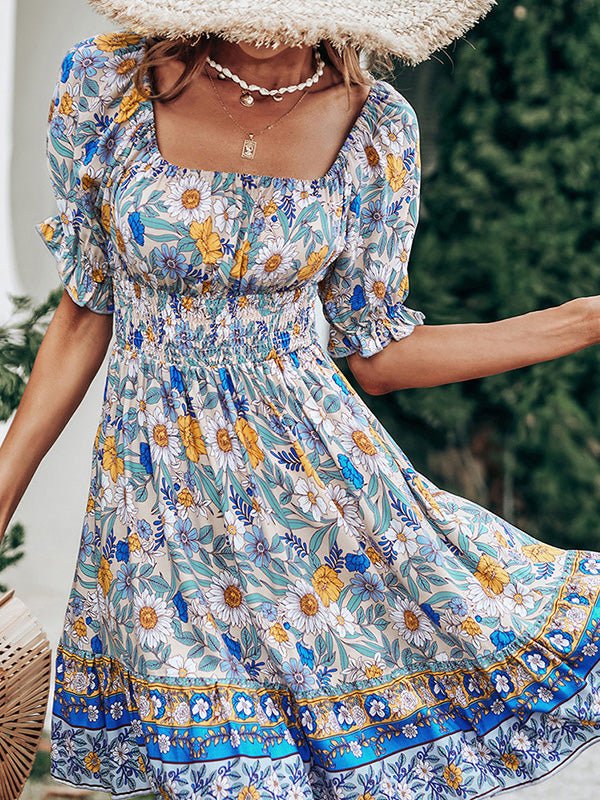 Dresses Square Neck Printed Backless Short Sleeve Dress - LuckyFash™