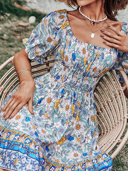 Dresses Square Neck Printed Backless Short Sleeve Dress - LuckyFash™