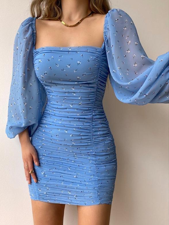 Women's Dresses Square Neck Puff Sleeve Pleated Skinny Chiffon Print Dress - LuckyFash™
