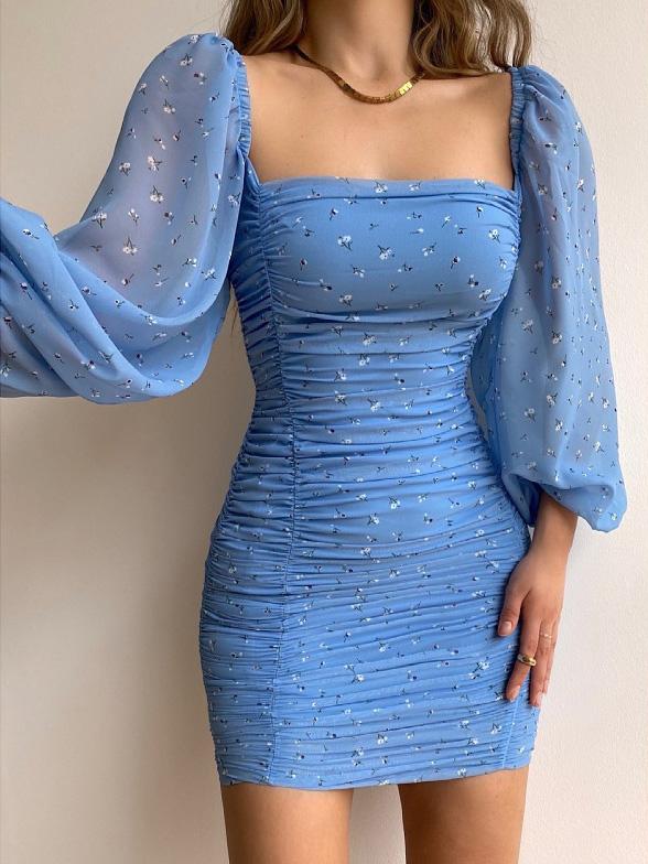Women's Dresses Square Neck Puff Sleeve Pleated Skinny Chiffon Print Dress - LuckyFash™