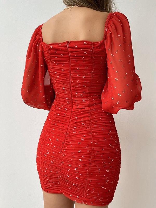 Women's Dresses Square Neck Puff Sleeve Pleated Skinny Chiffon Print Dress - LuckyFash™