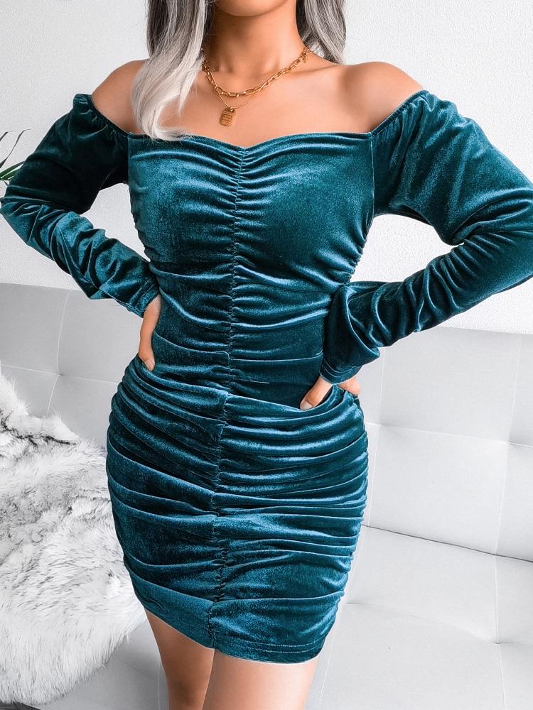 Women's Dresses Square Neck Velvet Long Sleeve Bodycon Dress - LuckyFash™