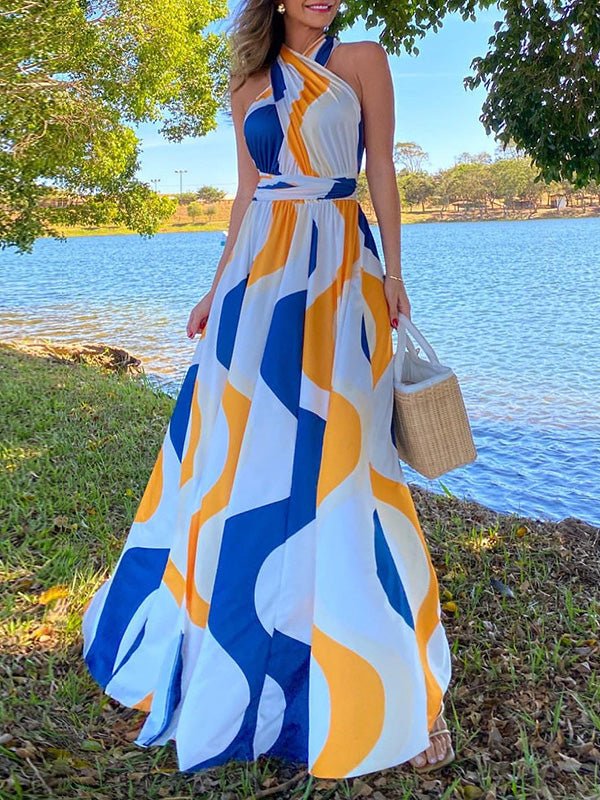 Dresses Striped Halter Open Back Slit Dress - LuckyFash™