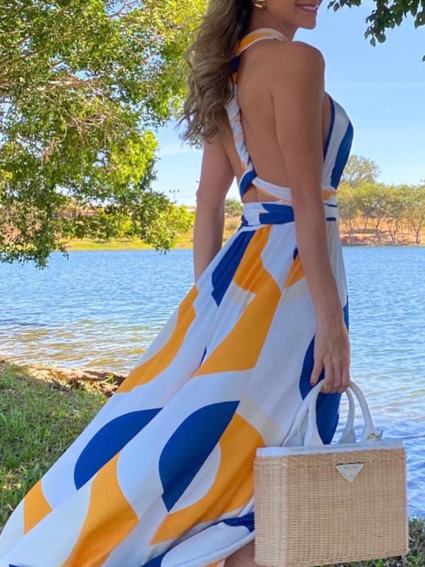 Dresses Striped Halter Open Back Slit Dress - LuckyFash™