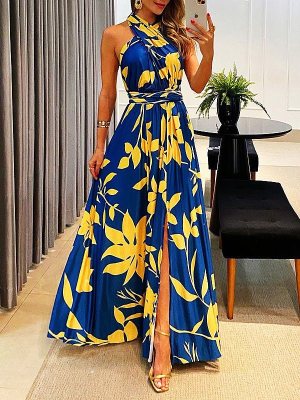Dresses Striped Halter Open Back Slit Dress - LuckyFash™