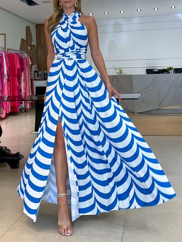 Dresses Striped Halter Open Back Slit Dress - LuckyFash™
