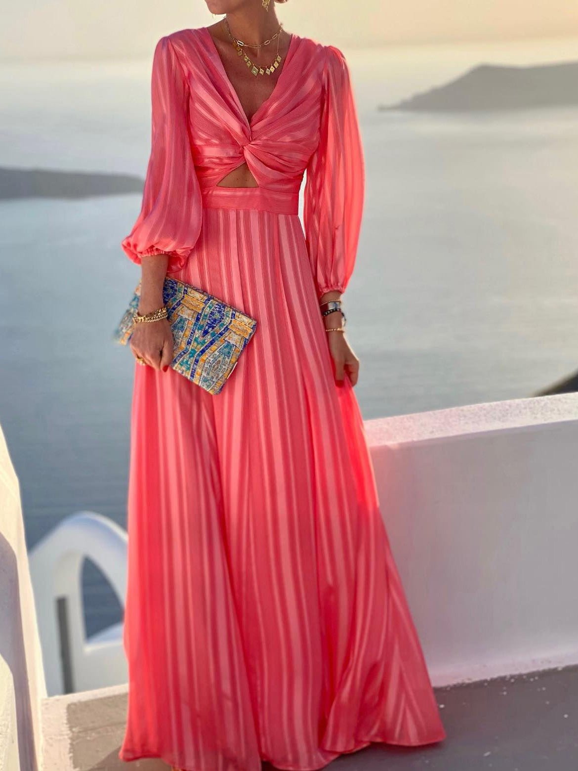 Women's Dresses Striped Print Hollow Puff Sleeve Dress - LuckyFash™