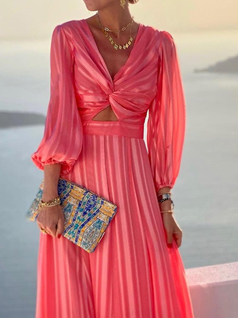 Women's Dresses Striped Print Hollow Puff Sleeve Dress - LuckyFash™