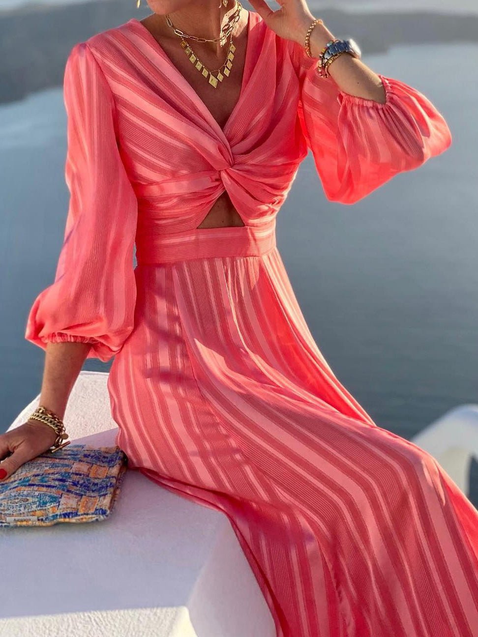 Women's Dresses Striped Print Hollow Puff Sleeve Dress - LuckyFash™