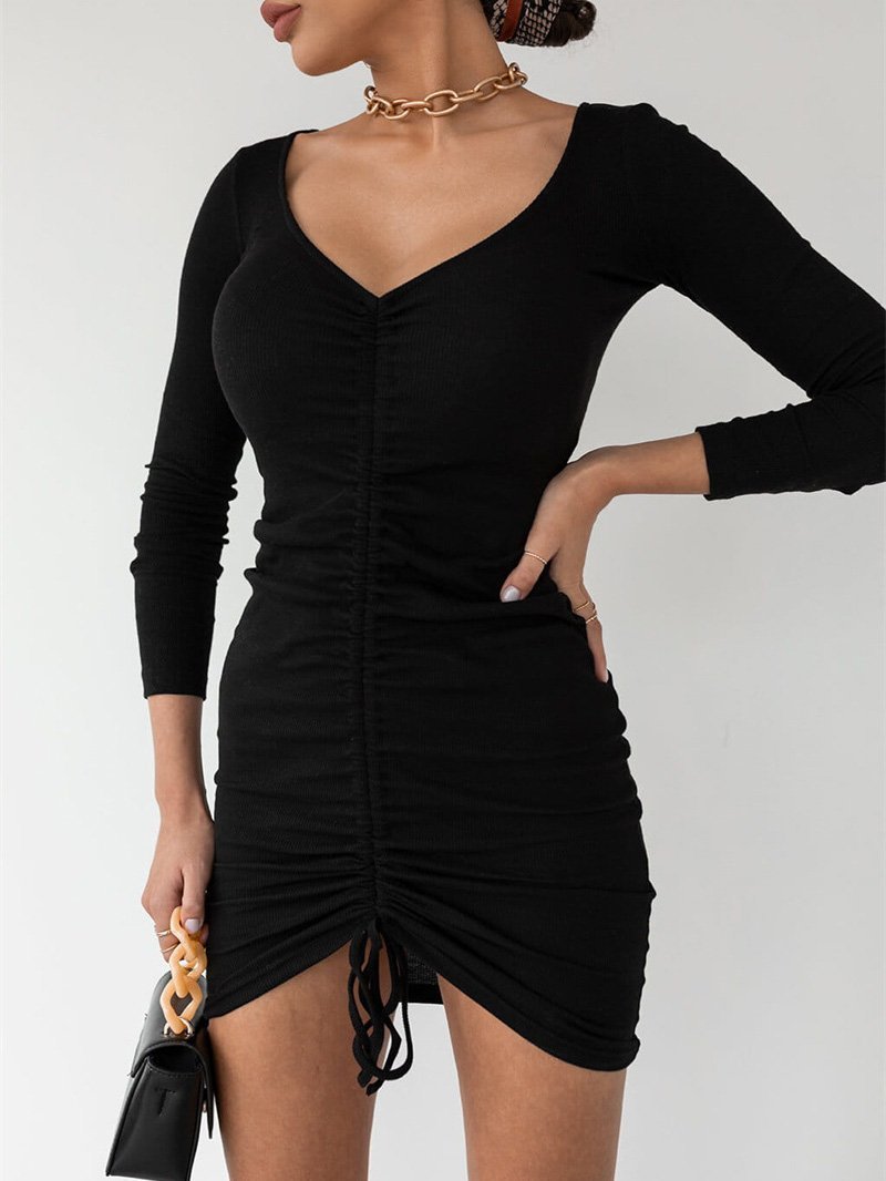 Women's Dresses Temperament Drawstring V-Neck Long Sleeve Dress - LuckyFash™
