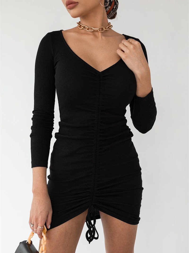 Women's Dresses Temperament Drawstring V-Neck Long Sleeve Dress - LuckyFash™