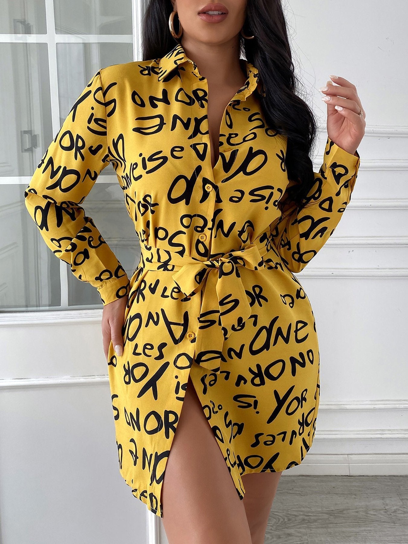 Women's Dresses Temperament Letter Print Lapel Shirt Dress - LuckyFash™