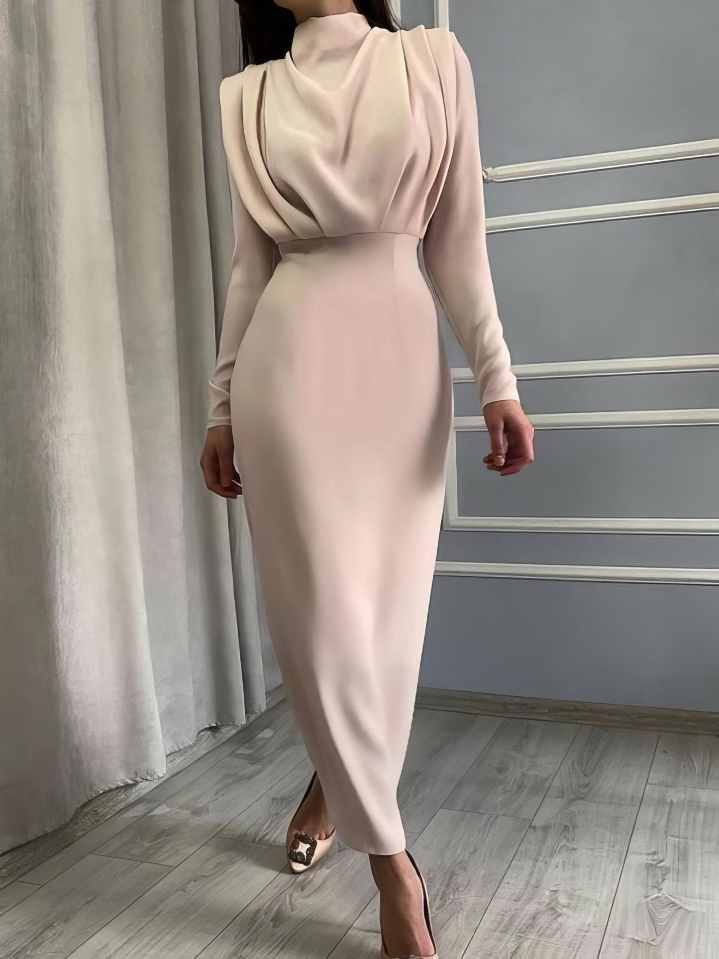 Dresses Temperament Solid High Collar Pleated Long Sleeve Dress - LuckyFash™