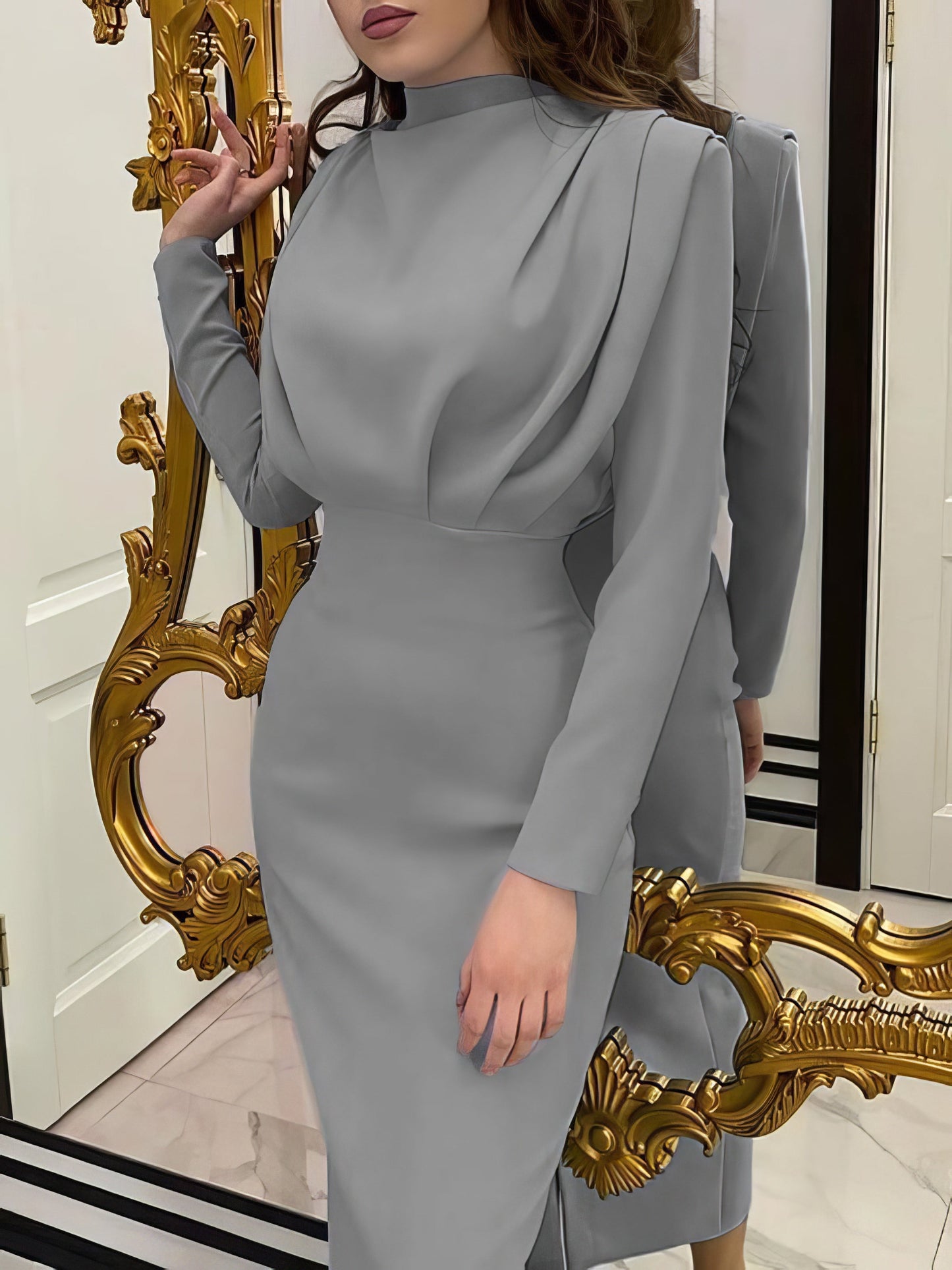 Dresses Temperament Solid High Collar Pleated Long Sleeve Dress - LuckyFash™