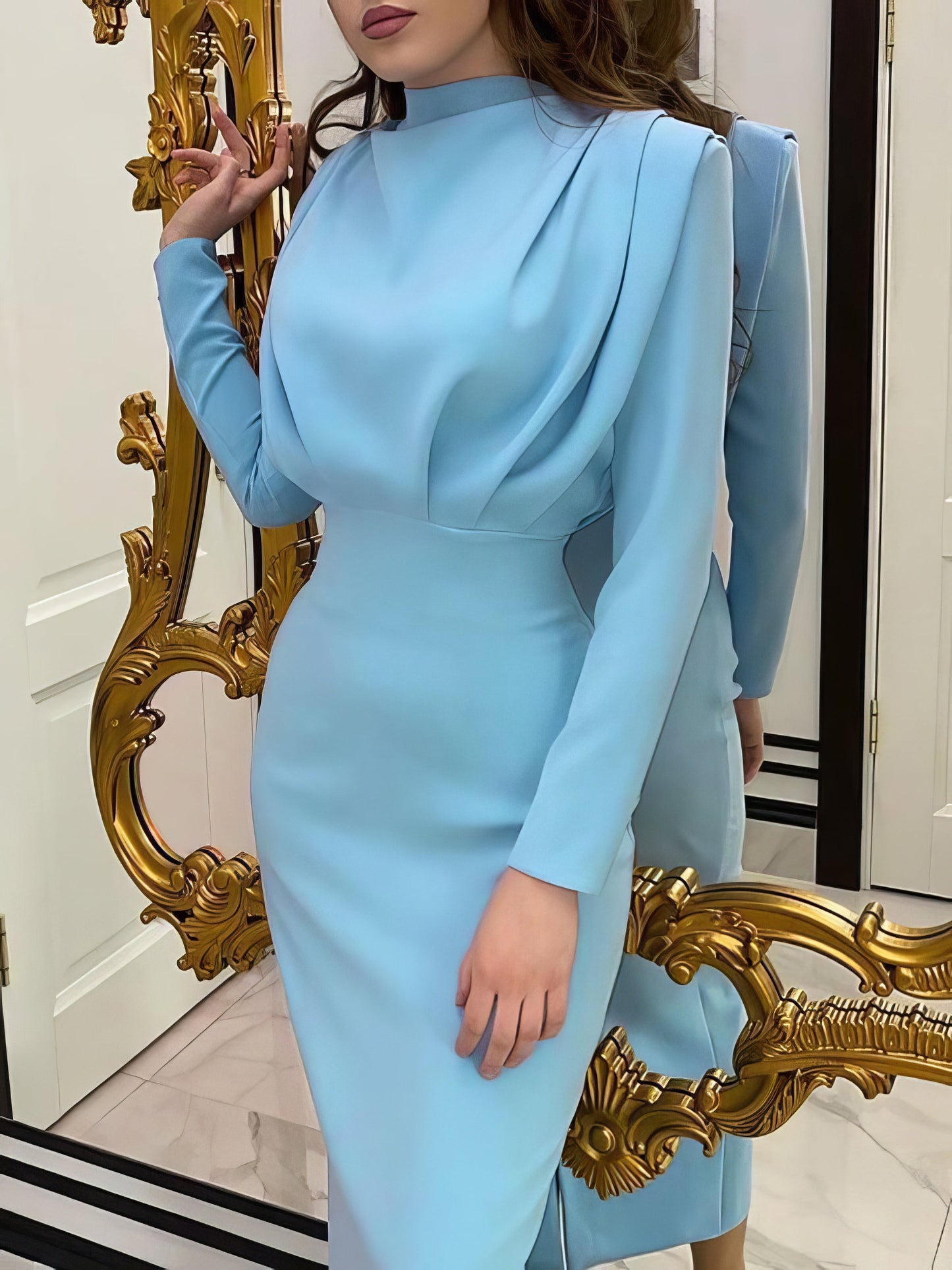 Dresses Temperament Solid High Collar Pleated Long Sleeve Dress - LuckyFash™