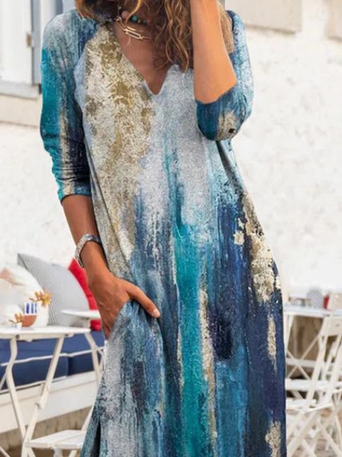 Women's Dresses Tie-Dye Printed V-Neck Long Sleeve Split Dress - LuckyFash™