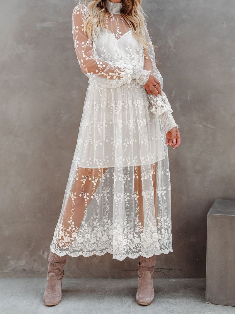 Women's Dresses Turtleneck Embroidered Lace Mesh Dress - LuckyFash™