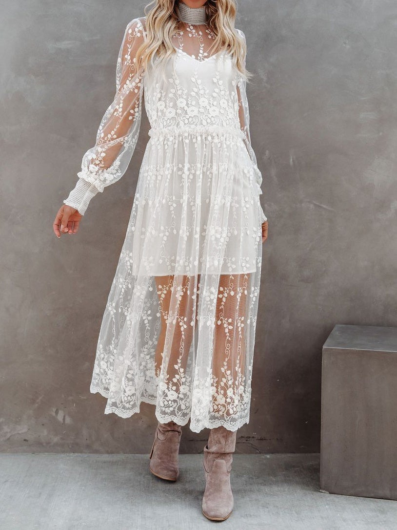 Women's Dresses Turtleneck Embroidered Lace Mesh Dress - LuckyFash™