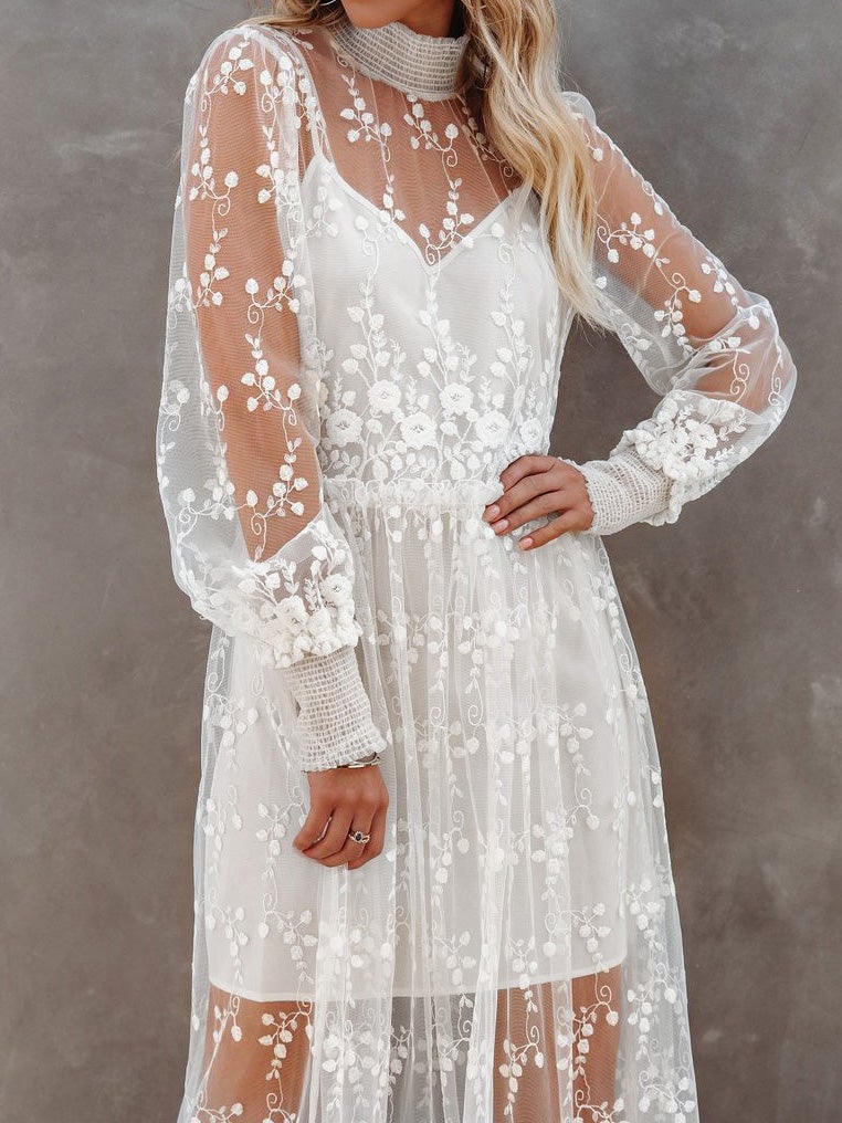 Women's Dresses Turtleneck Embroidered Lace Mesh Dress - LuckyFash™