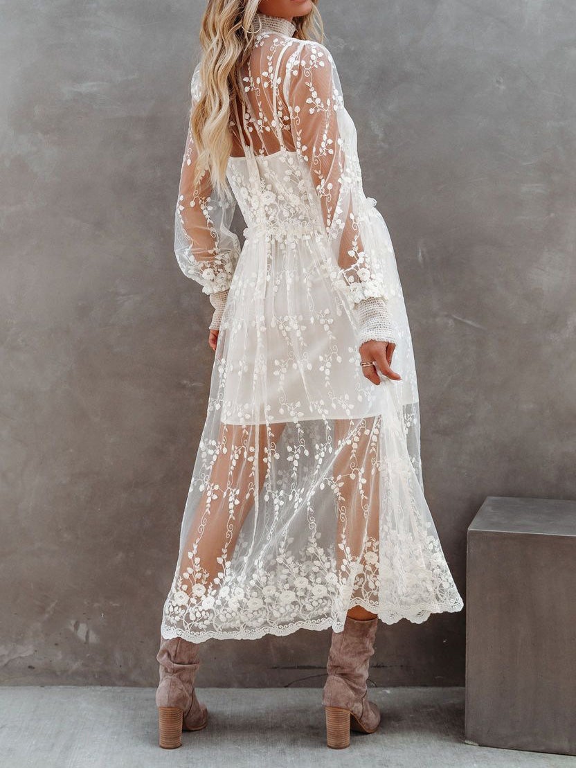 Women's Dresses Turtleneck Embroidered Lace Mesh Dress - LuckyFash™