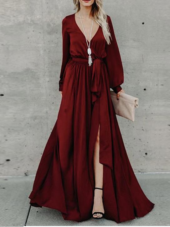Dresses V-Neck Belted Lantern Sleeve Slit Dress - LuckyFash™