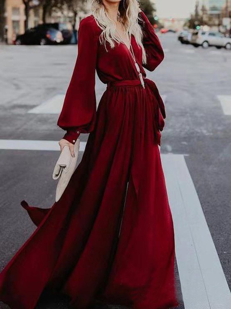 Dresses V-Neck Belted Lantern Sleeve Slit Dress - LuckyFash™