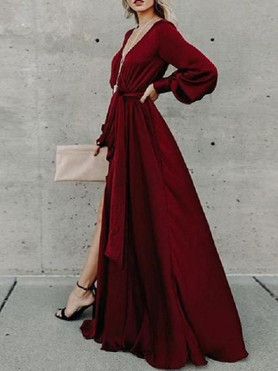 Dresses V-Neck Belted Lantern Sleeve Slit Dress - LuckyFash™